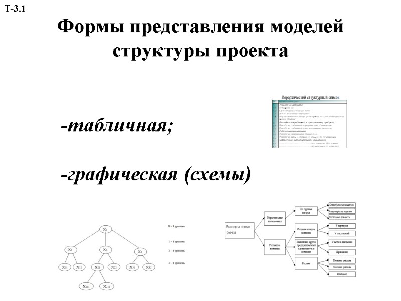 Формы представления моделей структуры проекта -табличная;  -графическая (схемы) Т-3.1